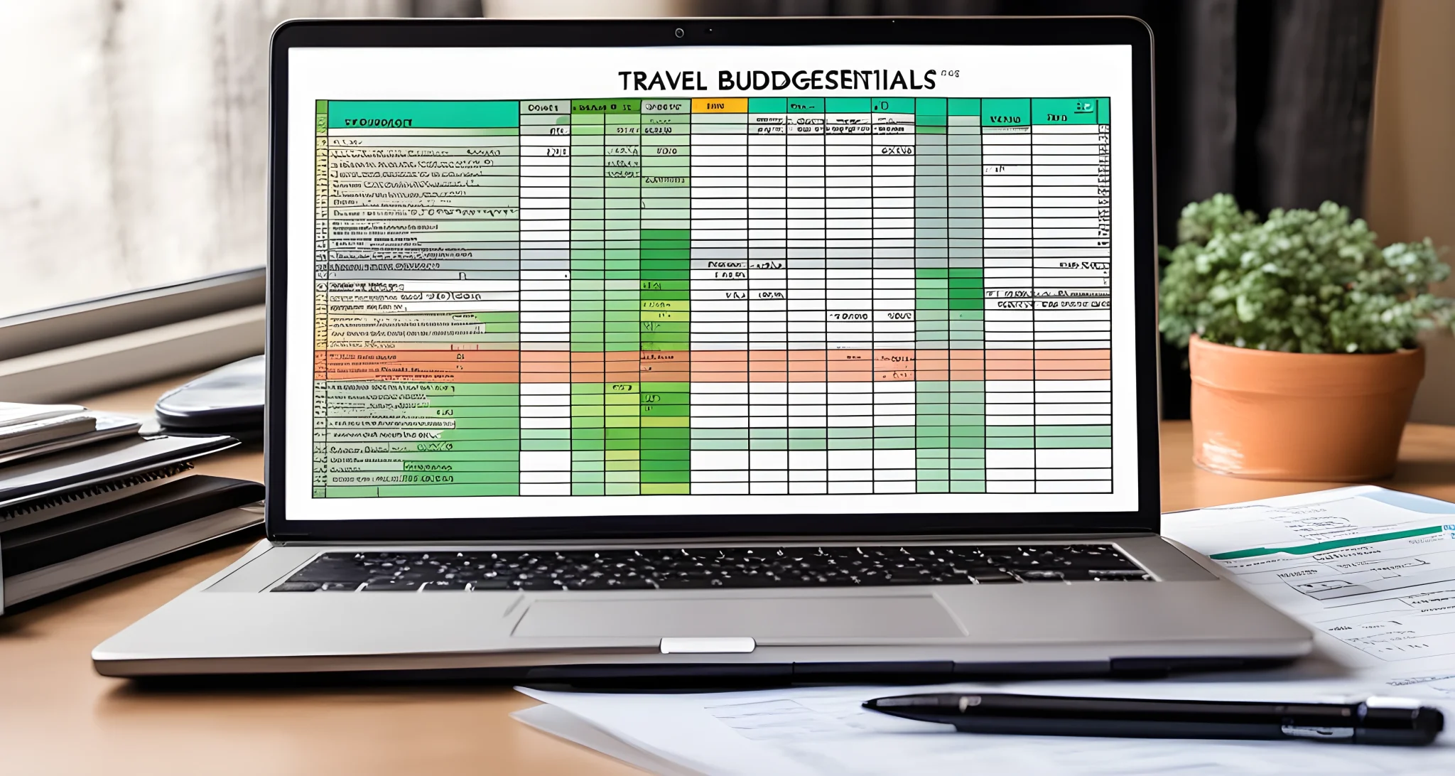 The image shows an open laptop with a spreadsheet program open, displaying a detailed travel budget for backpacking essentials.