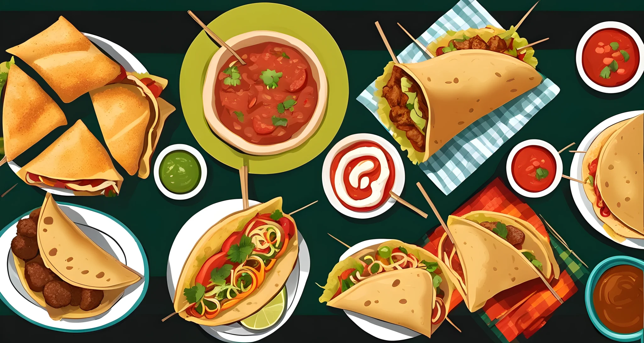 The image shows various affordable and delicious street foods from around the world, including tacos, samosas, and kebabs.